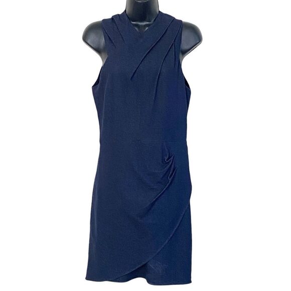 Halston Heritage Stretch Dark Denim Faux Wrap Sleeveless Bodycon Mini Dress Sz 4 - Picture 2 of 16